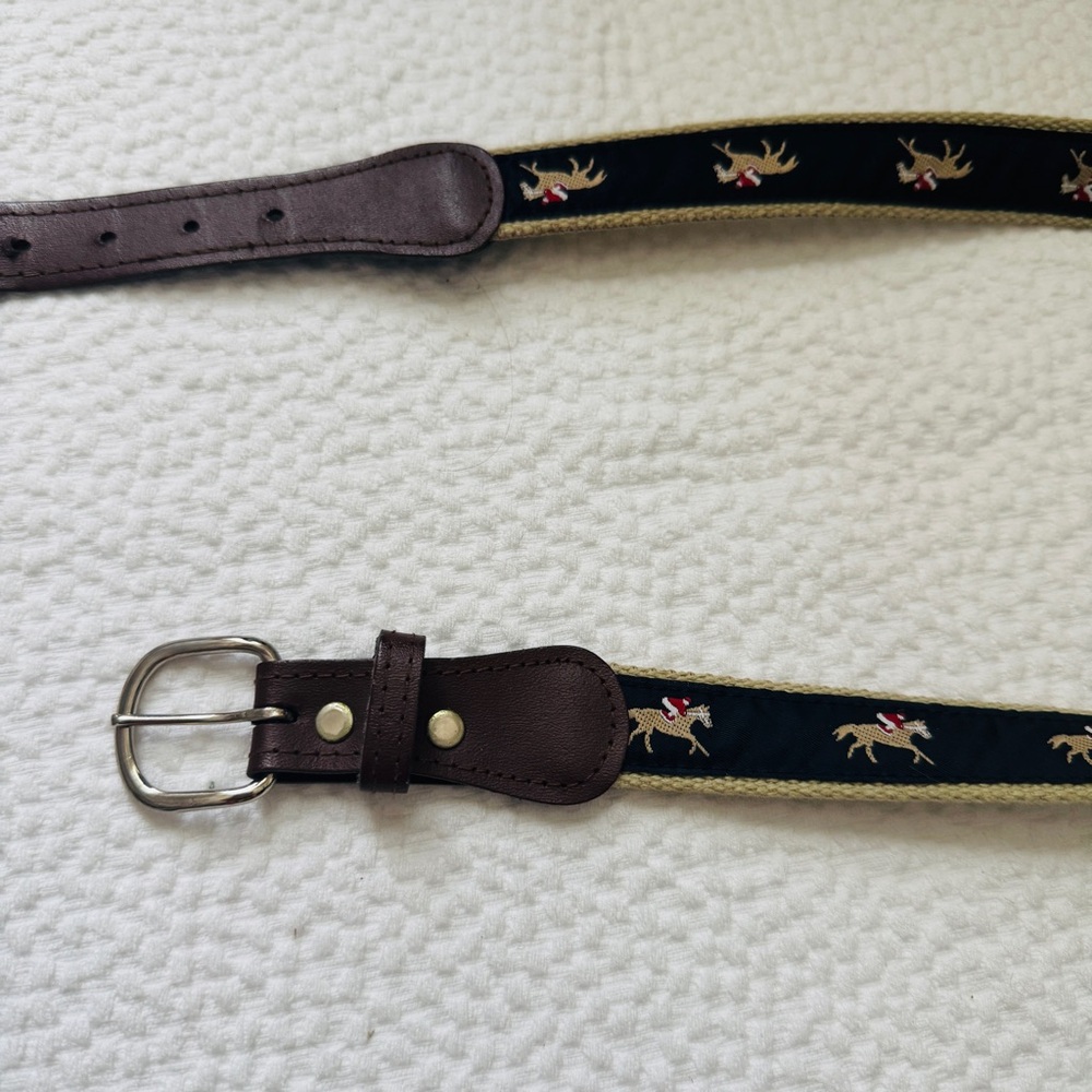 Unisex Navy Ribbon Belt with Brown Leather Trim and Equestrian Embroidery